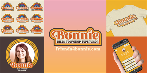 Logo, apparel, website, social media, LinkTree, stickers, and more designed and produced for Bonnie Ognisanti's re-election campaign.