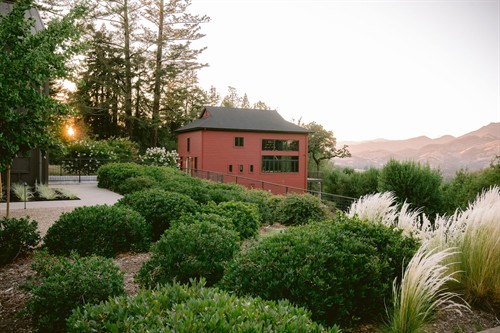 The restored Red Barn at Theorem, a private tasting space with some of the best views in Napa Valley