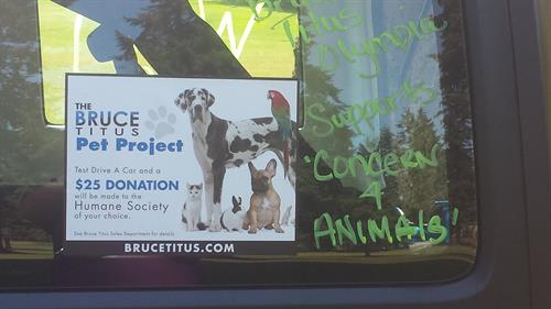 Bruce Titus Pet Project.  Take a test drive and mention the BT Pet Project and we will donate $25 to Concern for Animals