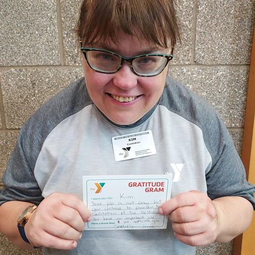 Check it out! Kim recently received a "Gratitude Gram" at the YMCA! Kim loves her job and being a key member of the Spokane YMCA Custodial Team. Thank you for all you do Kim! We appreciate and celebrate you! ??