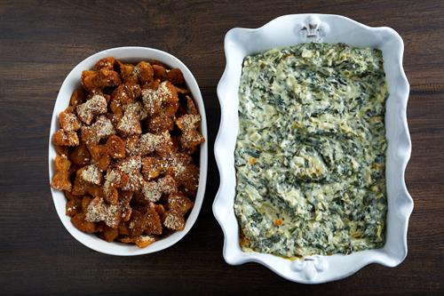 Our famous Artichoke & Spinach Dip with Fried Bow Tie Pasta