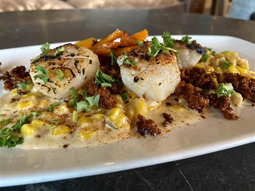 Scallops over Chorizo Creamed Corn Feature