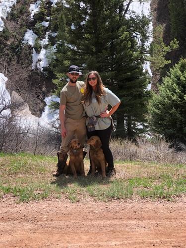 Hannah with her beloved dogs and kind husband Mark on a Woody Creek  CO hike