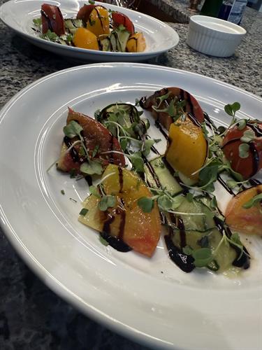 Heirloom Tomato Salad with Cucumber Ribbons and Balsamic Glaze.