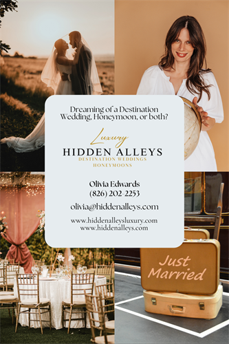 Digital business card for Hidden Alleys Luxury – Olivia Edwards, Owner/Agent. Specializing in curated destination weddings, honeymoons, and luxury romantic escapes. Contact for free consultation.