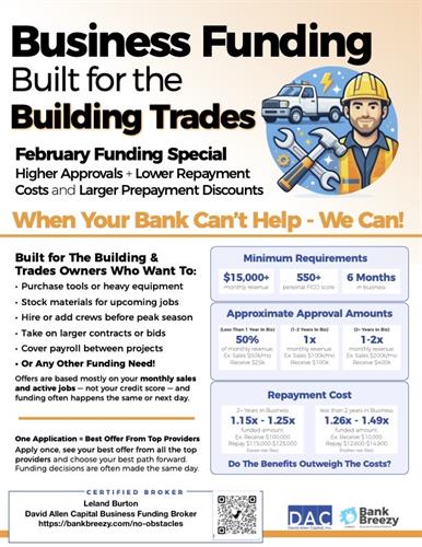 Growth Funding Special: Built for the Building Trades!!! Apply online: https://bankbreezy.com/no-obstacles
