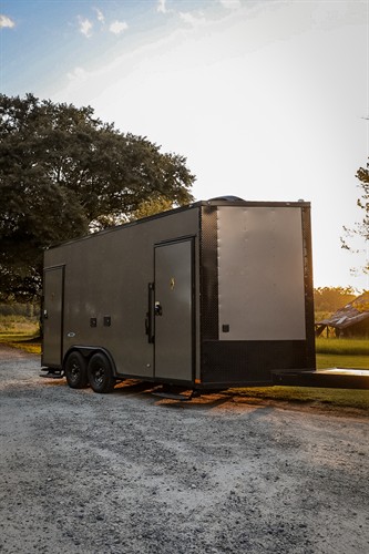 Outside of our mobile bathroom trailer 