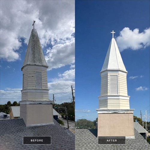 Elevated surface cleaning — church steeple, Brevard County