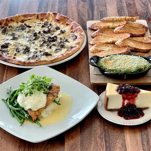 French Onion Pizza, Spinach Artichoke Dip w/ Crostini, Chicken Saltimbocca, & Cheesecake with Swedish lingonberry sauce