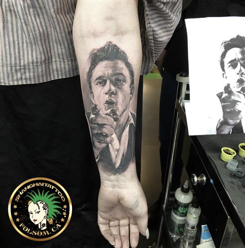 Johnny Cash portrait tattoo by Ms. Ting