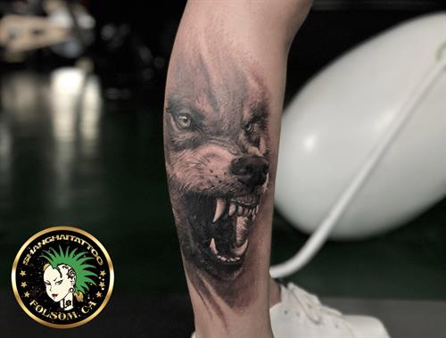 Wolf portrait tattoo by Ms. Ting