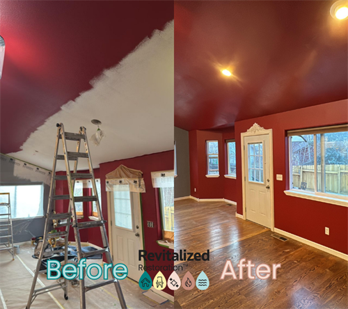 Before and after restoration: mold damage removed, surfaces repaired, and a clean, professional paint finish applied.