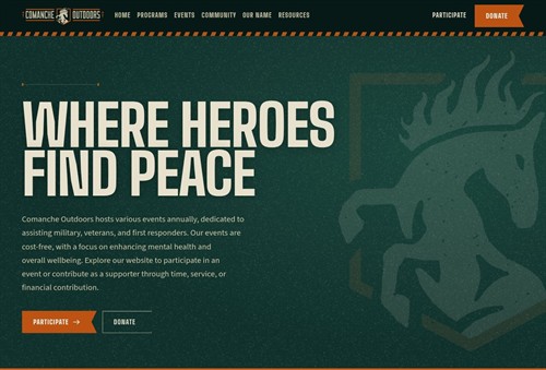 VAHZOR rebuilt Comanche Outdoors' website to showcase its mission serving military, veterans, and first responders. Clear paths for programs, donations, events, and volunteering help visitors find their next step.