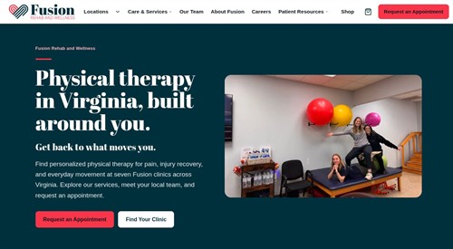 VAHZOR redesigned the Fusion Rehab & Wellness website for seven Virginia clinics. Dedicated location pages, staff profiles, and clear appointment requests help patients explore services and connect with their local care team.