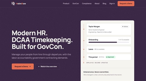 VAHZOR designed HelmRow's marketing website for HR and timekeeping software built for government contractors. Animated product previews and focused content explain the platform and guide prospective customers toward a demo.