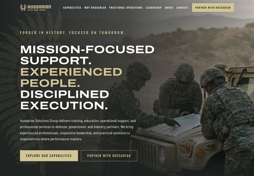 A custom website for Hussarian Solutions Group, presenting its training and operational support capabilities. VAHZOR created a professional online presence with inquiry forms tailored to customer and partner needs.