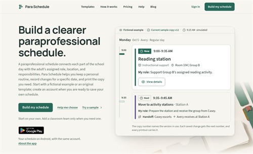 Designed and developed by VAHZOR, Para Schedule helps school paraprofessionals manage daily responsibilities, schedule changes, and team handoffs. The custom application includes daily views, printable schedules, and controlled sharing.