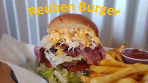 Our Reuben Burger is just one of our delicious options-this one has hot Pastrami, sauerkraut and Swiss cheese