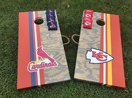 Custom Elite cornhole with KC Chiefs and STL Cardinals, custom bags and red LEDs Custom Elite cornhole with KC Chiefs and STL Cardinals, custom bags and red LEDs
