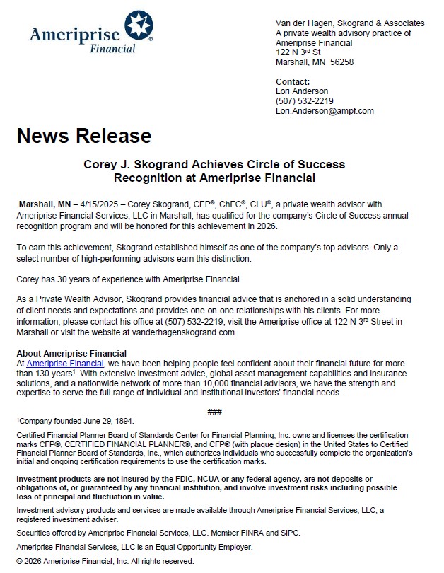 Corey J. Skogrand Achieves Circle of Success Recognition at Ameriprise Financial