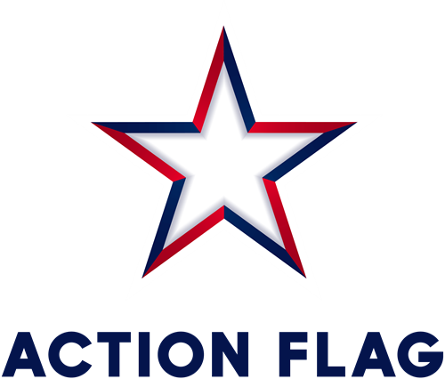 Action Flag Logo - Blue Text -Transparent Bkgd