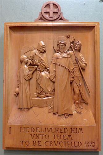 One of the carved stations of the cross in Christ Episcopal Church