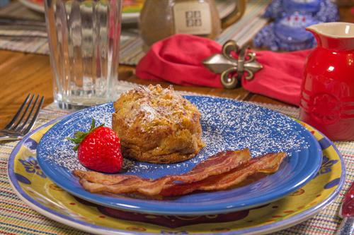 Bake apple cinnamon french toast with bacon, the third course of one of our many three course breakfasts Bake apple cinnamon french toast with bacon, the third course of one of our many three course breakfasts
