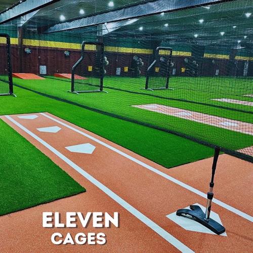 Eleven Cages; four soft toss cages, 4 pitching machine cages, three bullpen cages