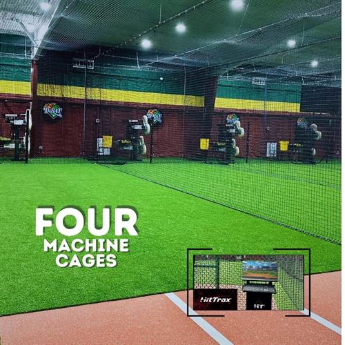 Four pitching machine cages; 1 HitTrax machine cage