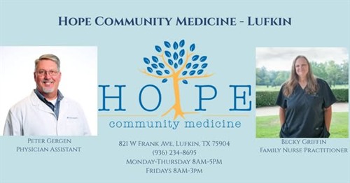 Our Lufkin team is here to provide compassionate, quality healthcare for you and your family when you need it most. Whether you need a check-up, sick visit, or ongoing care — we’re here for you Come meet our providers, Peter Gergen, PA and Becky Griffin, FNP!