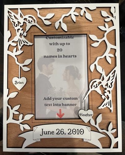 Hummingbird Photo Frame with up to 20 names in hearts around the edges & custom banner