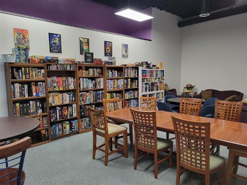 Part of the game room with 500+ board games to choose from