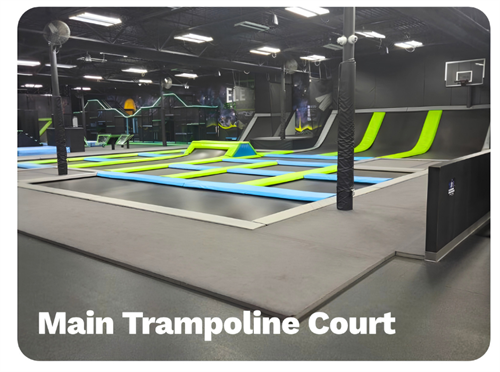 Main Trampoline Court - Also features a basketball hoop