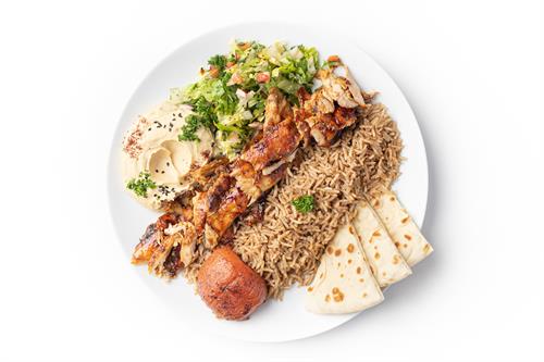Carved Chicken Plate (with seasoned basmati rice, hummus and salad) Carved Chicken Plate (with seasoned basmati rice, hummus and salad)