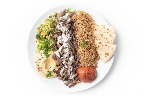 Carved Meat Plate (with seasoned basmati rice, hummus and salad) Carved Meat Plate (with seasoned basmati rice, hummus and salad)