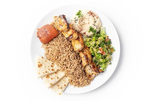 Grilled Chicken Kebab (with seasoned basmati rice, hummus and salad) Grilled Chicken Kebab (with seasoned basmati rice, hummus and salad)