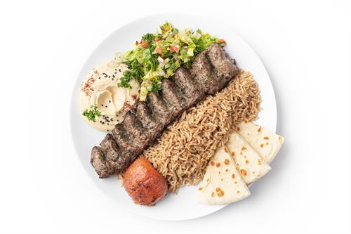 Ground Beef & Lamb Kebab (with seasoned basmati rice, hummus and salad) Ground Beef & Lamb Kebab (with seasoned basmati rice, hummus and salad)