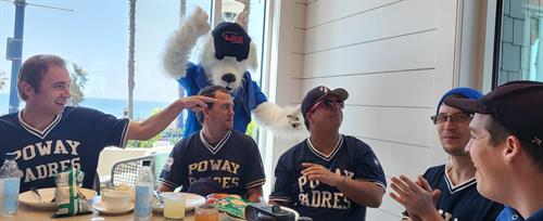 LAZ Mascot having fun with Poway Padres at lunch 