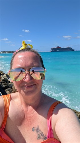 Bimini Bahamas Beach Club Scarlet Lady ship in background 