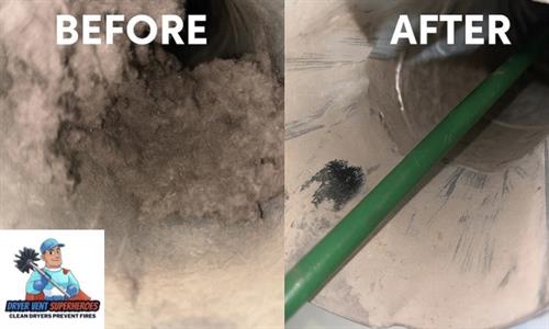 Before and after: A clogged dryer vent cleared out for better airflow, safety, and efficiency. Regular cleanings make a big difference!