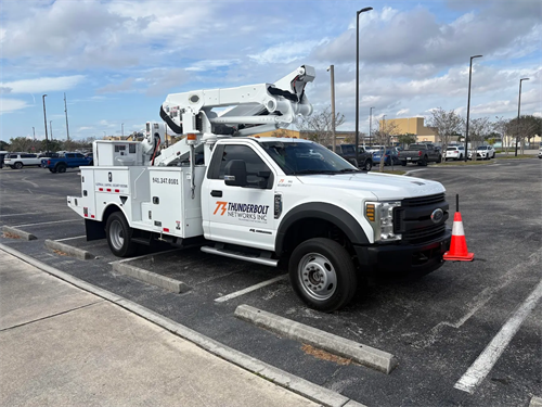 Our F550 with 41’ insulated Altec boom; purpose-built for parking lot lighting, exterior fixtures, and elevated electrical work.