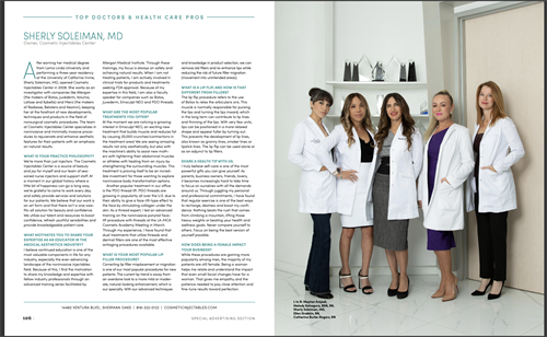 Top Doctors + Healthcare Pros magazine clipping featuring Cosmetic Injectables Center Medspa, and Dr. Soleiman in Sherman Oaks