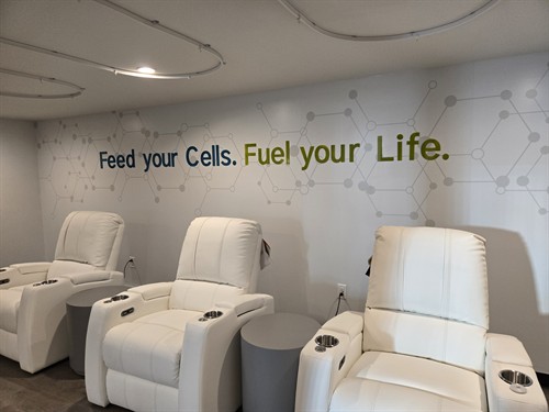 Come relax in our lounge equipped with heated recliners and warm blankets with any drip. 