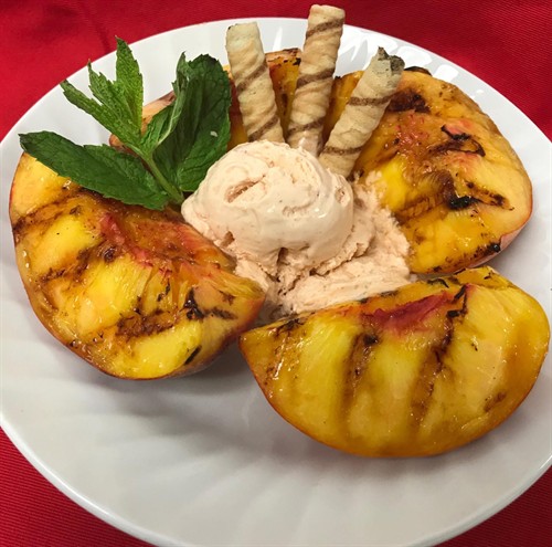 Grilled PBF Peaches with Cannoli and Peach Ice Cream