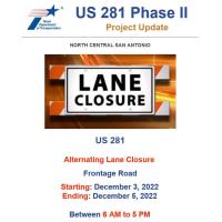 Alternating Lane Closures On Hwy 281 This Weekend