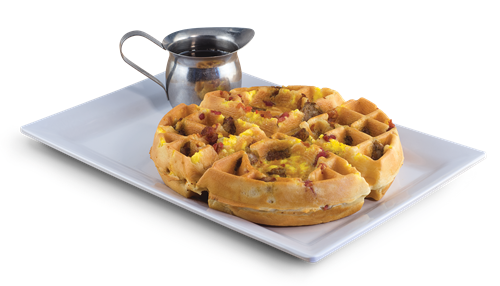 Flying Pig Waffle (eggs, sausage, bacon, cheese ... in a waffle)