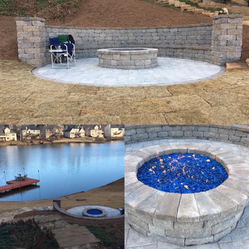 Completed retaining wall with seat wall, gas firepit and hardscape project delivering long-term stability and usable outdoor space