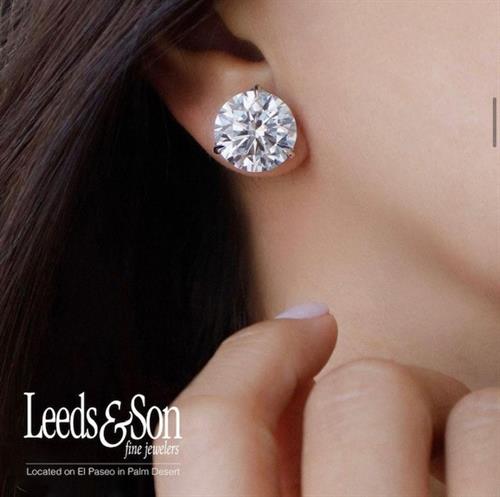 Diamond stud earrings, GIA certified at Leeds & Son Fine Jewelers in Palm Desert on El Paseo.