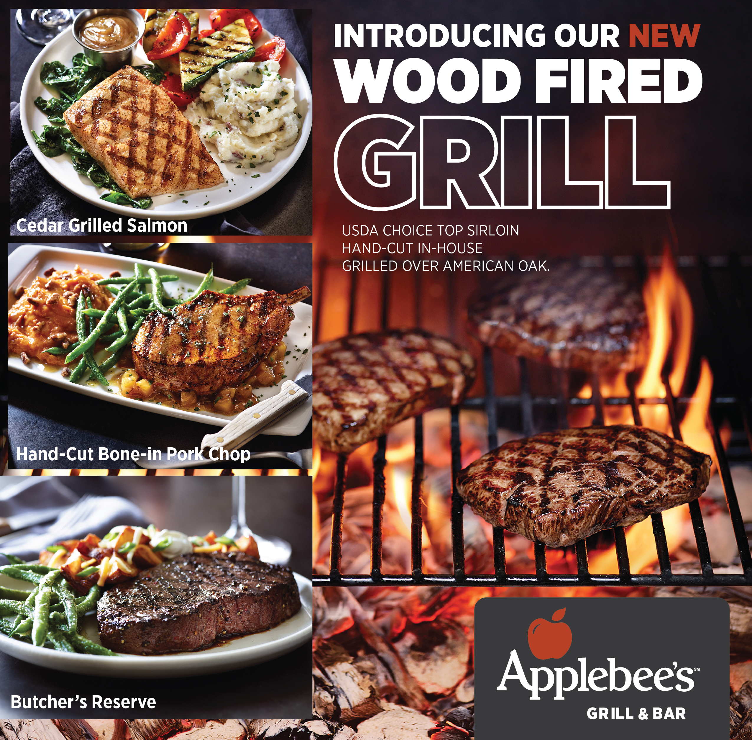 North Platte, NE area Applebee’s introduce new Hand-Cut Wood Fired offerings including USDA Choice Top Sirloin Steaks and Bone-in Pork Chops