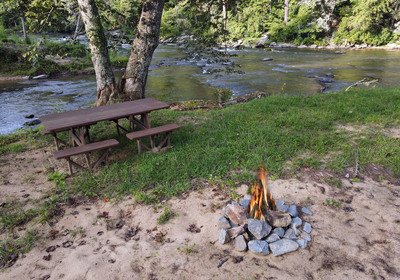 Community riverside “beach” with firepit and picnic tables, on the Coosawattee River, right in front of the clubhouse.